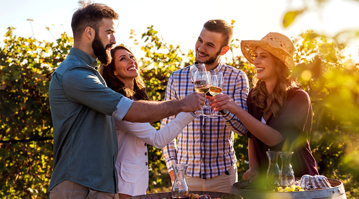 Happy friends having fun drinking wine at winery vineyard